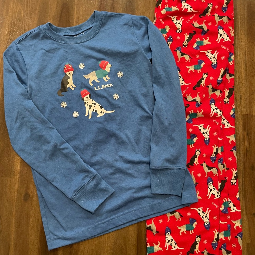 L.L. Bean Kids Flannel Pajama Set - Blue Top, Red Pants, Winter Dog Print